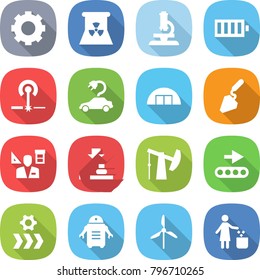 flat vector icon set - gear vector, nuclear power, microscope, battery, laser, electric car, hangare, construction, architector, press, oil pump, conveyor, robot, windmill, garbage bin