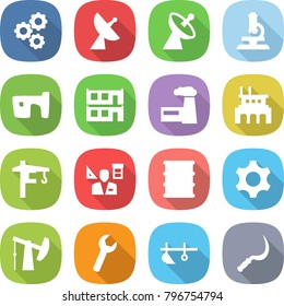 flat vector icon set - gear vector, satellite antenna, microscope, slum, modular house, factory, tower crane, architector, barrel, oil pump, wrench, plow, sickle