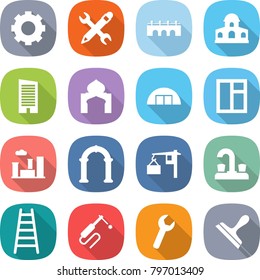 flat vector icon set - gear vector, pencil wrench, bridge, mansion, skyscraper, minaret, hangare, window, city, arch, loading, water tap, ladder, welding, scraper