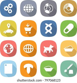 flat vector icon set - gear vector, globe, circle diagram, car pointer, add to cart, dna, pill, dog, washing, cutting board, mushroom, foam basin, toilet brush