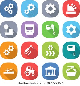 flat vector icon set - gear vector, cashbox, warehouse scales, atm, mixer, gears, welding, conveyor, soil cutter, tractor, utility room, washing powder