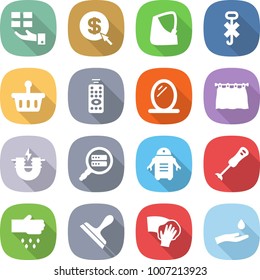 flat vector icon set - gift vector, dollar arrow, broken hand, do not hook sign, basket, remote control, mirror, curtain, electric magnet, data search, robot, blender, sow, scraper, wiping, and drop