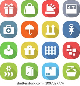 flat vector icon set - gift vector, shopping bag, cashbox, tools, doctor case, dry cargo, top sign, do not hook, package, hi quality, pallet, blocks, conveyor, cereals, washing powder