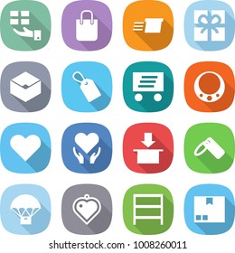 flat vector icon set - gift vector, shopping bag, delivery, box, label, necklace, heart, health care, package, parachute, pendant, rack