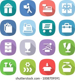 flat vector icon set - gift vector, courier, cashbox, shopping bag, delivery, doctor, archive, fragile, sun potection, broken, repair tools, conveyor, package, washing powder
