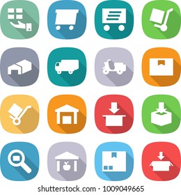 flat vector icon set - gift vector, delivery, cargo stoller, warehouse, shipping, scooter, package box, trolley, search