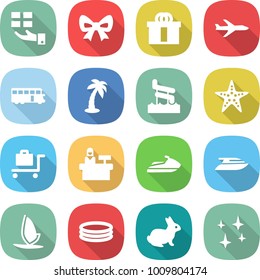 flat vector icon set - gift vector, bow, hi quality package, plane, bus, palm, aquapark, starfish, baggage trolley, reception, jet ski, yacht, windsurfing, inflatable pool, rabbit, shining
