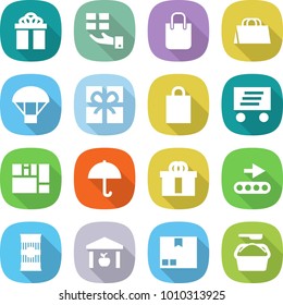 flat vector icon set - gift vector, shopping bag, parachute, delivery, consolidated cargo, dry, hi quality package, conveyor, pasta, warehouse, washing powder