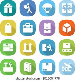 flat vector icon set - gift vector, courier, parachute, shopping bag, doctor, archive, 3d, consolidated cargo, top sign, delivery, transporter tape, repair tools, cereals, package, construct garbage