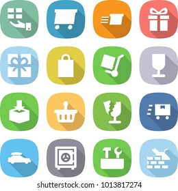 flat vector icon set - gift vector, delivery, shopping bag, cargo stoller, fragile, package, basket, broken, fast deliver, car baggage, safe, repair tools, construct garbage
