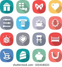 flat vector icon set - gift vector, bow, heart, equalizer, column, flower bed, hawaiian wreath, disco ball, pendant, chair, crib, rocking, cake, cupcake, horseshoe