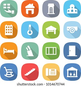 flat vector icon set - gift vector, home, building, mansion, thermometer, garage, surveillance camera, bed, stands for knives, window, door, rocking chair, stairs, office phone, utility room