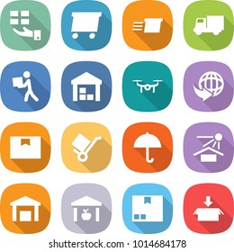 flat vector icon set - gift vector, delivery, truck, courier, warehouse, drone, package box, trolley, dry cargo, sun potection