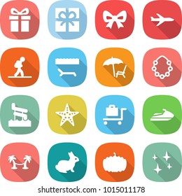 flat vector icon set - gift vector, bow, plane, tourist, lounger, hawaiian wreath, aquapark, starfish, baggage trolley, jet ski, palm hammock, rabbit, pumpkin, shining