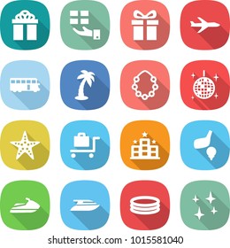 flat vector icon set - gift vector, plane, bus, palm, hawaiian wreath, disco ball, starfish, baggage trolley, hotel, golf, jet ski, yacht, inflatable pool, shining