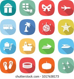 flat vector icon set - gift vector, bow, plane, bus, palm, disco ball, starfish, baggage trolley, reception, jet ski, yacht, flip flops, inflatable pool, pumpkin, shining