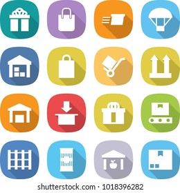 flat vector icon set - gift vector, shopping bag, delivery, parachute, warehouse, trolley, cargo top sign, package, hi quality, transporter tape, pallet, pasta