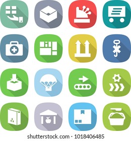 flat vector icon set - gift vector, box, cashbox, delivery, doctor case, consolidated cargo, top sign, do not hook, package, parachute, conveyor, cereals, warehouse, washing powder