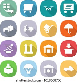 flat vector icon set - gift vector, delivery, drone, warehouse, scooter shipping, trolley, dry cargo, sun potection, top sign, package, parachute, pickup