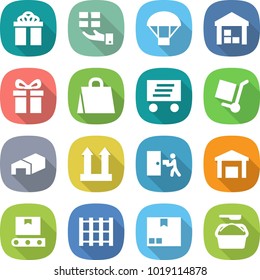 flat vector icon set - gift vector, parachute, warehouse, shopping bag, delivery, cargo stoller, top sign, courier, transporter tape, pallet, package, washing powder