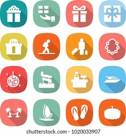 flat vector icon set - gift vector, hi quality package, tourist, passenger, hawaiian wreath, disco ball, aquapark, reception, yacht, palm hammock, windsurfing, flip flops, pumpkin