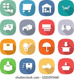 flat vector icon set - gift vector, delivery, warehouse, drone, truck shipping, scooter, package box, trolley, dry cargo, fast deliver, pickup