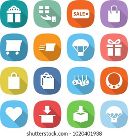 flat vector icon set - gift vector, sale, shopping bag, delivery, parachute, necklace, heart, package