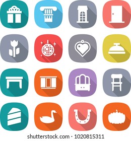 flat vector icon set - gift vector, column, building, door, perishable, disco ball, heart pendant, service bell, table, wardrobe, dresser, chair, cake, goose, horseshoe, pumpkin