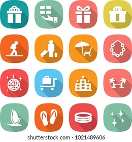 flat vector icon set - gift vector, hi quality package, tourist, passenger, lounger, hawaiian wreath, disco ball, baggage trolley, hotel, palm hammock, windsurfing, flip flops, inflatable pool