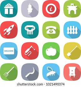 flat vector icon set - gift vector, spark plug, info, arch, rocket, antique column, phone, fence, welcome mat, welding, tomato, shovel, fork, sickle, wasp, hive