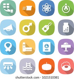 flat vector icon set - gift vector, delivery, atom, rocket, loudspeaker, male sign, medical label, pills bottle, harness, church, passport, restaurant, air conditioning, pool, pumpkin, soap