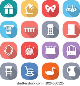 flat vector icon set - gift vector, table lamp, bow, sale, column, bridge, building, door, hawaiian wreath, disco ball, curtain, dresser, chair, rocking, goose, jug