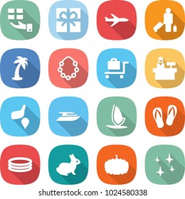 flat vector icon set - gift vector, plane, passenger, palm, hawaiian wreath, baggage trolley, reception, golf, yacht, windsurfing, flip flops, inflatable pool, rabbit, pumpkin, shining