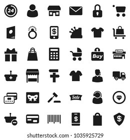 Flat vector icon set - gift vector, credit card, sale, 24 hour, shopping bag, market, store, mall, customer, support, buy, barcode, cashbox, basket, cart, calculator, auction, trolley, delivery