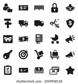 Flat vector icon set - gift vector, credit card, cash, customer, target, barcode, reader, shopping list, trolley, delivery, loudspeaker, lock, check, coupon, baby stroller, signpost, dollar shield