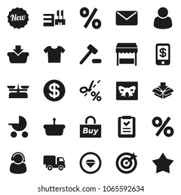 Flat vector icon set - gift vector, dollar coin, new, percent, market, mall, customer, support, target, buy, basket, shopping list, auction, delivery, mail, tap pay, coupon, diamond ring, clothes