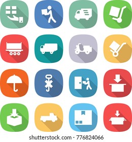 flat vector icon set - gift vector, courier, delivery, cargo stoller, truck shipping, scooter, trolley, dry, do not hook sign, package, pickup
