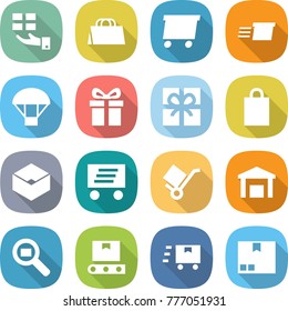 flat vector icon set - gift vector, shopping bag, delivery, parachute, box, trolley, warehouse, cargo search, transporter tape, fast deliver, package