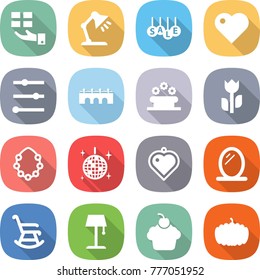 flat vector icon set - gift vector, table lamp, sale, heart, equalizer, bridge, flower bed, perishable, hawaiian wreath, disco ball, pendant, mirror, rocking chair, floor, cupcake, pumpkin