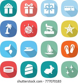 flat vector icon set - gift vector, bus, palm, disco ball, aquapark, starfish, golf, yacht, windsurfing, flip flops, inflatable pool, cake, rabbit, shining