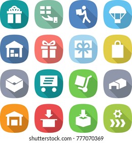 flat vector icon set - gift vector, courier, parachute, warehouse, shopping bag, box, delivery, cargo stoller, package, conveyor