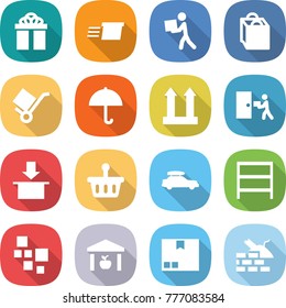 flat vector icon set - gift vector, delivery, courier, shopping bag, trolley, dry cargo, top sign, package, basket, car baggage, rack, blocks, warehouse, construct garbage
