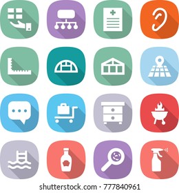 flat vector icon set - gift vector, structure, recipe, ear, ruler, greenhouse, map, sms, baggage trolley, nightstand, bbq, pool, ketchup, viruses, sprayer