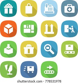 flat vector icon set - gift vector, shopping bag, cashbox, doctor case, 3d, consolidated cargo, top sign, courier delivery, package, hi quality, search, transporter tape, broken, fast deliver
