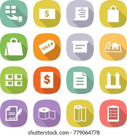 flat vector icon set - gift vector, receipt, shopping list, bag, sale label, atm, project, panel house, tax, document, cargo top sign, inventory, toilet paper, towel, clipboard
