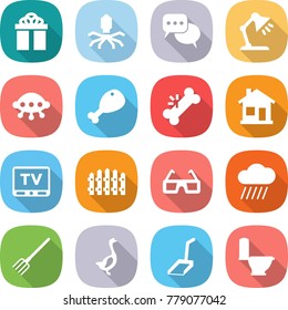 flat vector icon set - gift vector, virus, discussion, table lamp, ufo, chicken leg, broken bone, home, tv, fence, 3d glasses, rain cloud, fork, goose, scoop, toilet