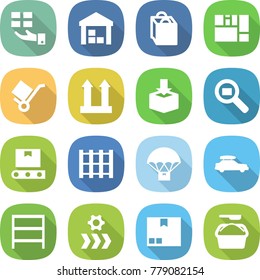 flat vector icon set - gift vector, warehouse, shopping bag, consolidated cargo, trolley, top sign, package, search, transporter tape, pallet, parachute delivery, car baggage, rack, conveyor