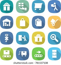 flat vector icon set - gift vector, delivery, courier, warehouse, shopping bag, trolley, do not hook sign, hi quality package, cargo search, transporter tape, fast deliver, conveyor, pasta
