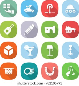 flat vector icon set - gift vector, eco car, laser, lunar rover, medical label, pencil, slum, house with garage, 3d, cocktail, floor lamp, colander, plates, horseshoe, vacuum cleaner