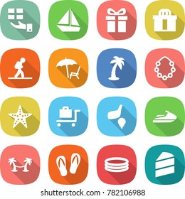 flat vector icon set - gift vector, boat, hi quality package, tourist, lounger, palm, hawaiian wreath, starfish, baggage trolley, golf, jet ski, hammock, flip flops, inflatable pool, cake